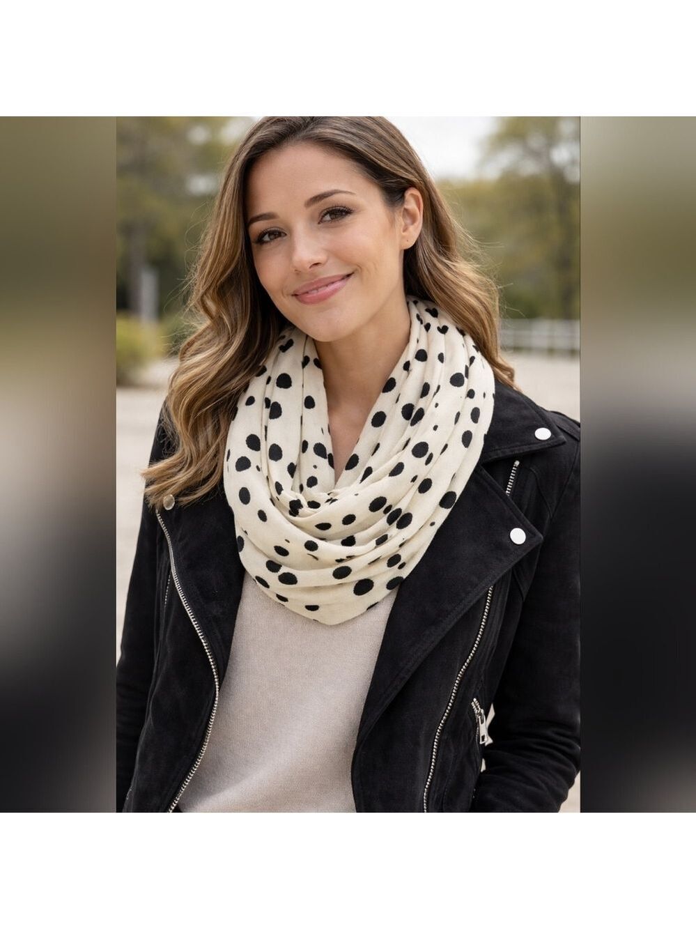 Karen Zambos Infinity Scarf | Cream & Black Polka Dot | One-Piece Circle Scarf